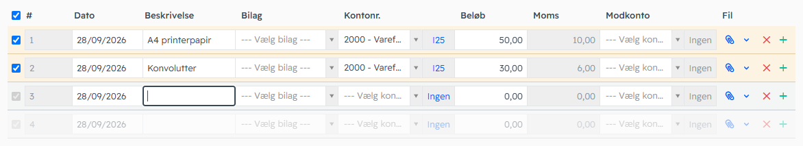 Indtastning og bogføring i klassisk kassekladde i Dinero.